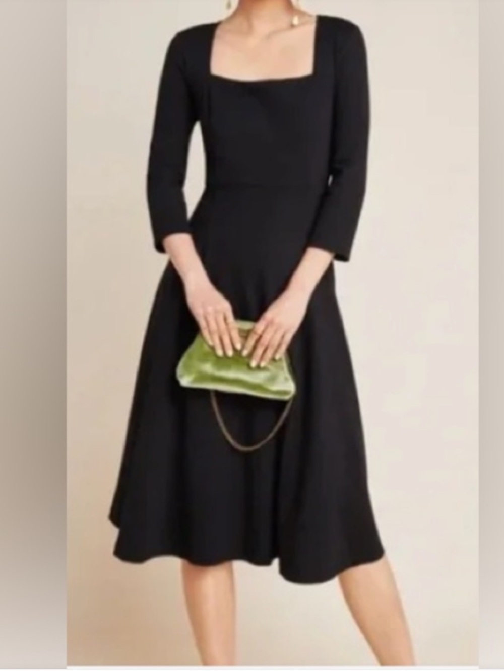 Anthropologie Maeve Midi Fit and Flare Black Jersey Dress 3/4 Sleeves, S